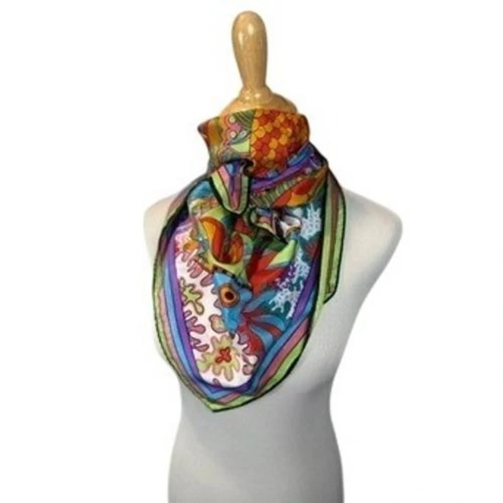 Vintage Colorful Fish Print Scarf Bright vtg Tropical Ocean Foulard Wild Rag 70s